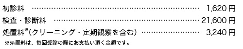 初診料…1,620円 検査・診断…21,600円 処置料(クリーニング・定期観察を含む)…3,240円 ※処置料は、毎回受診の際にお支払い頂く金額です。